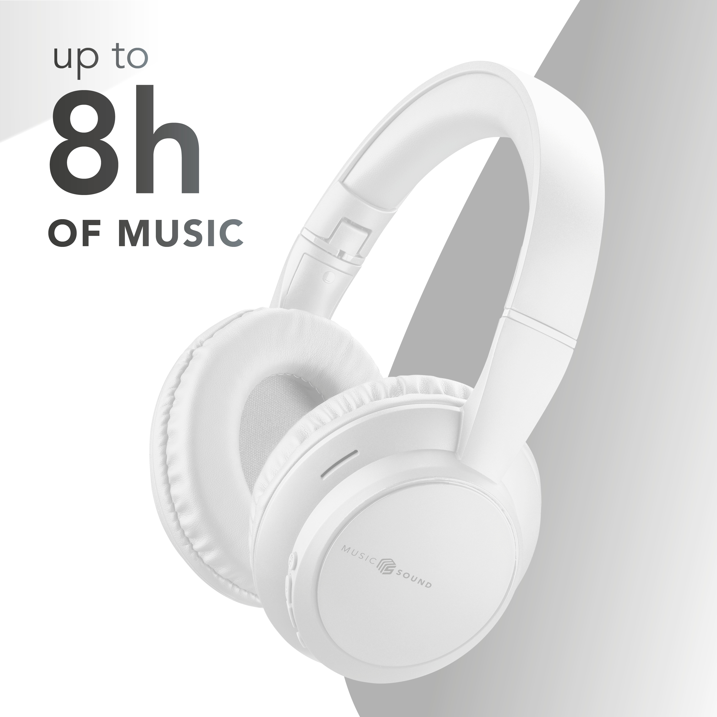 Casque blanc avec texte : 'jusqu'à 8h OF MUSIC'. Le casque a un logo 'MUSIC SOUND'. Fond blanc avec dégradé.