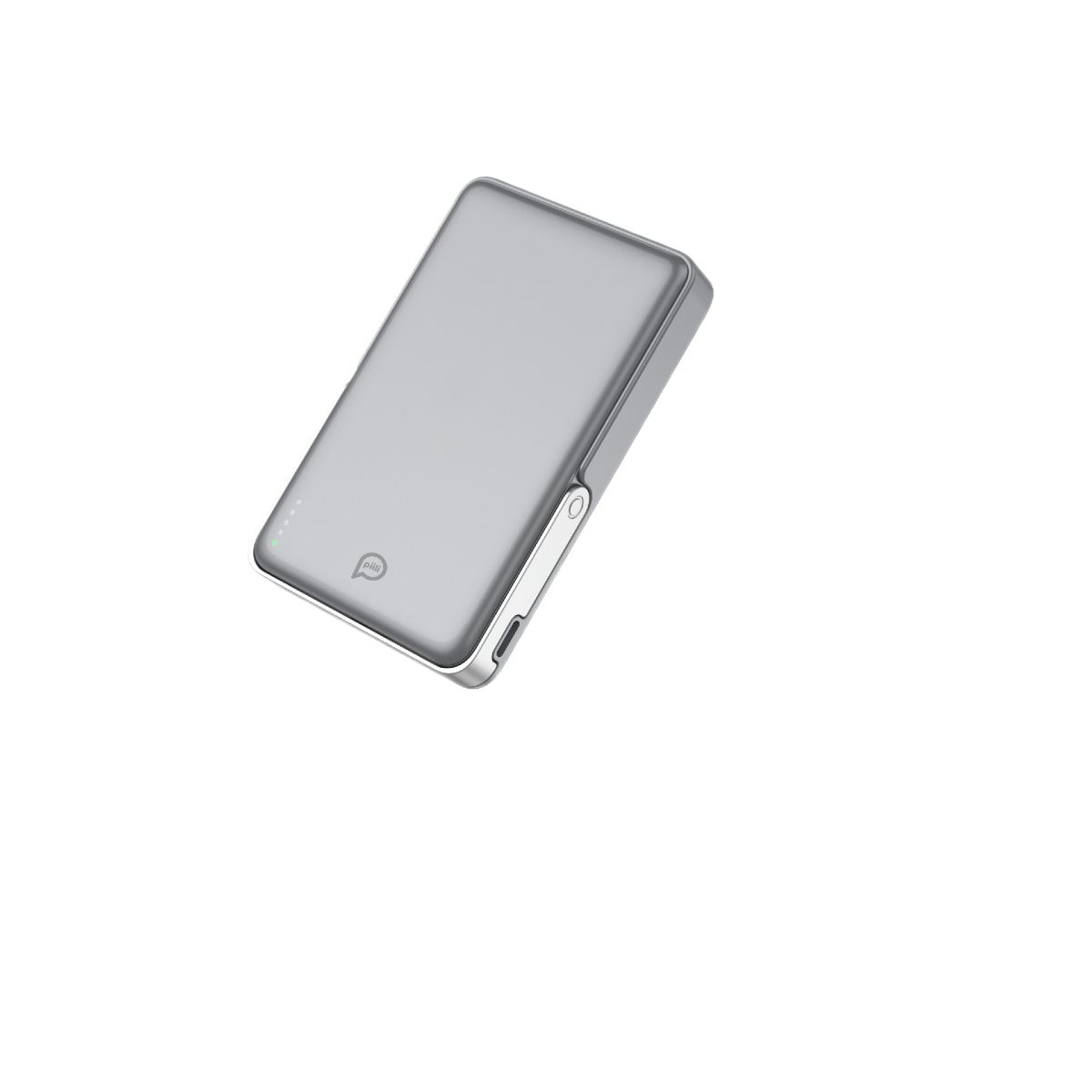 Beyaz çerçeveli, hafif açılı, gümüş ve gri dikdörtgen bir powerbank. Arka plan düz siyah.