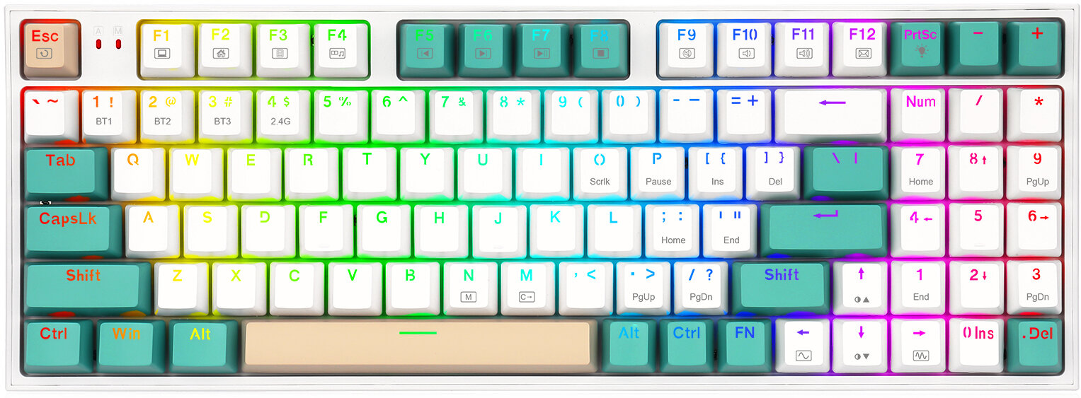 Biała klawiatura mechaniczna z kolorowymi klawiszami i nasadkami. Posiada standardowy układ QWERTY z klawiszami multimedialnymi.