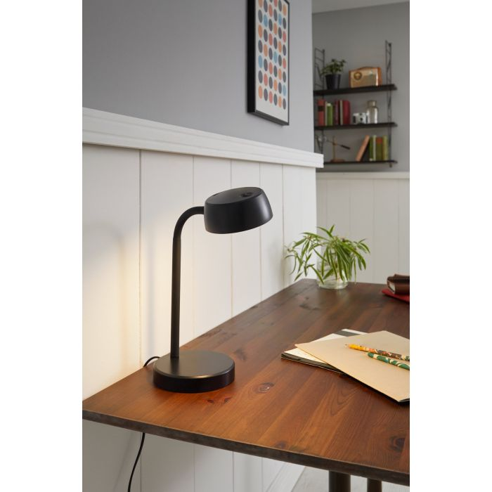 Eine schwarze Schreibtischlampe auf einem Holztisch mit Papier und Bleistiften. Eine Pflanze und ein Bild an der Wand.