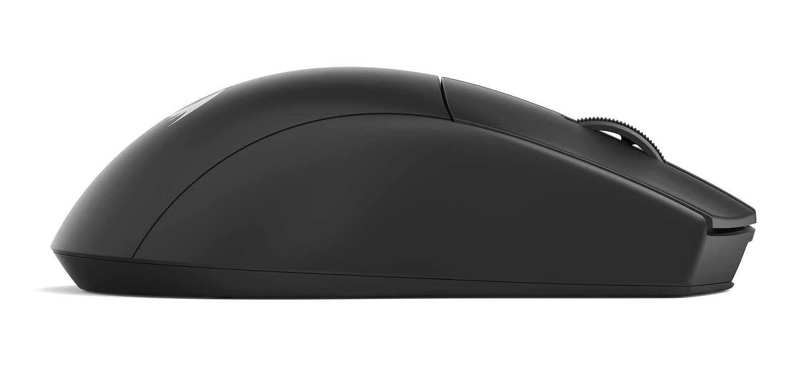 Czarna mysz komputerowa na białym tle. Ma kółko przewijania i logo na górze.