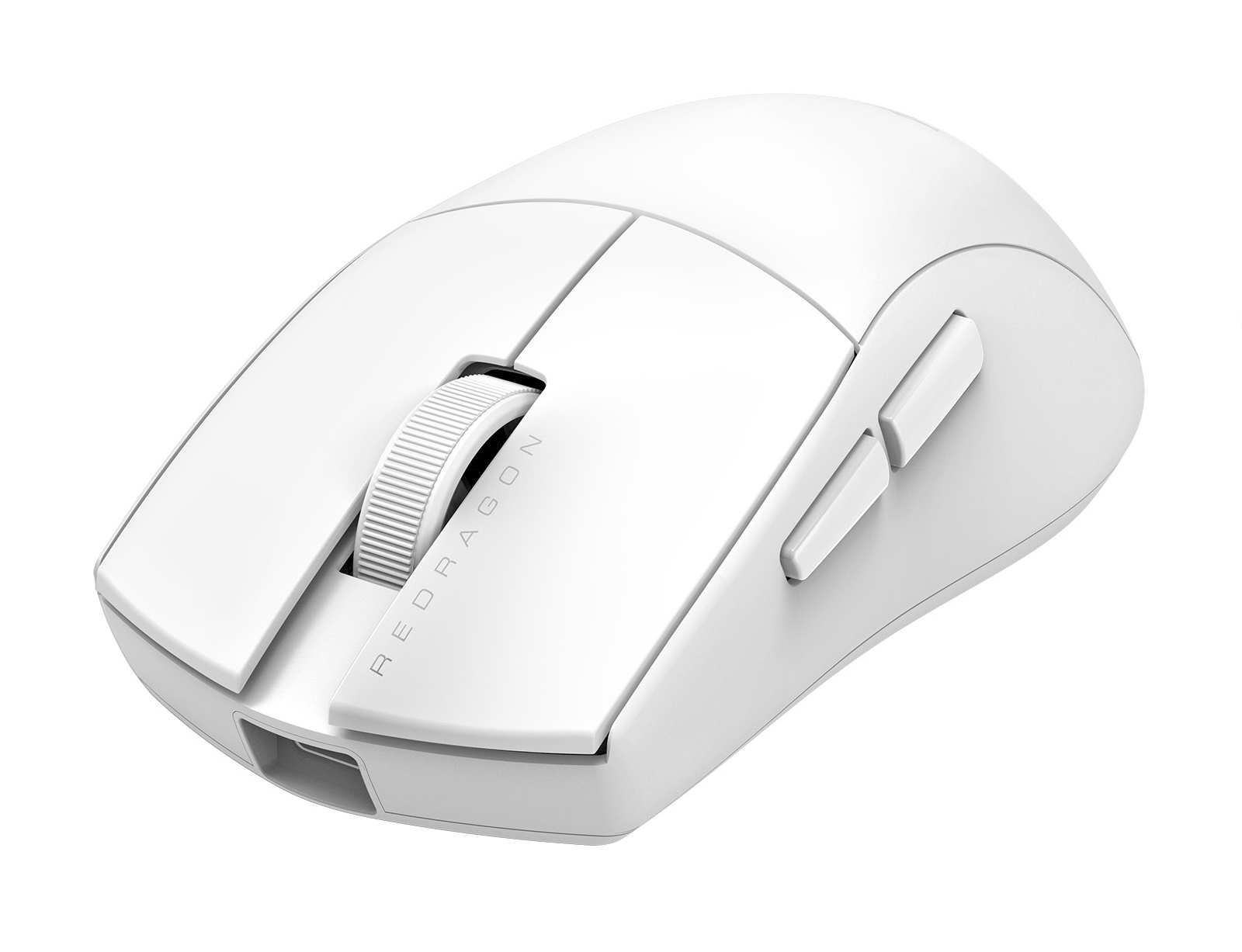 Biała mysz gamingowa Redragon. Ma kółko przewijania, dwa boczne przyciski i dwa główne przyciski. Tło jest białe.