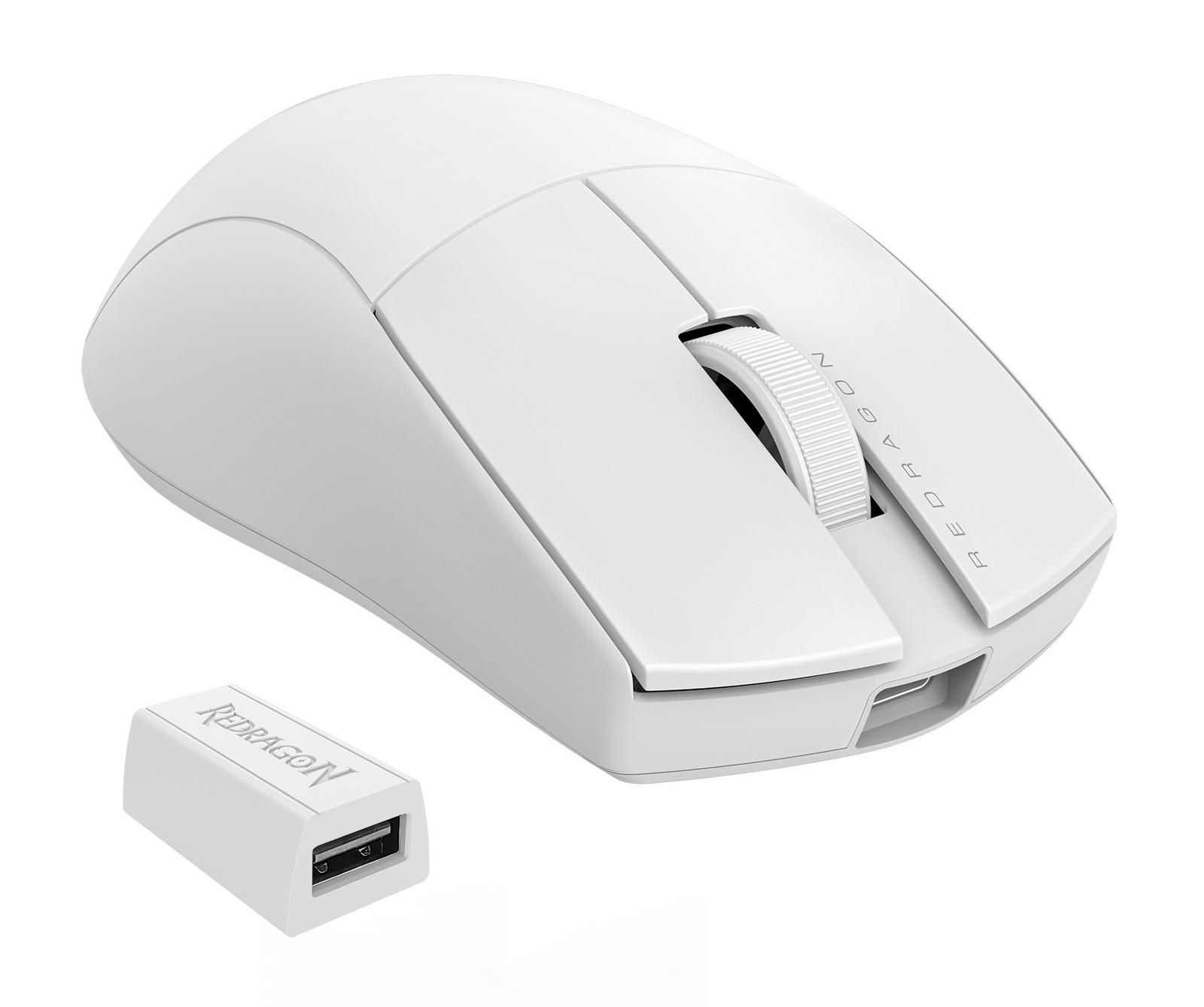 Biała bezprzewodowa mysz Redragon z odbiornikiem USB. Mysz ma kółko przewijania i przyciski. Odbiornik ma logo Redragon.