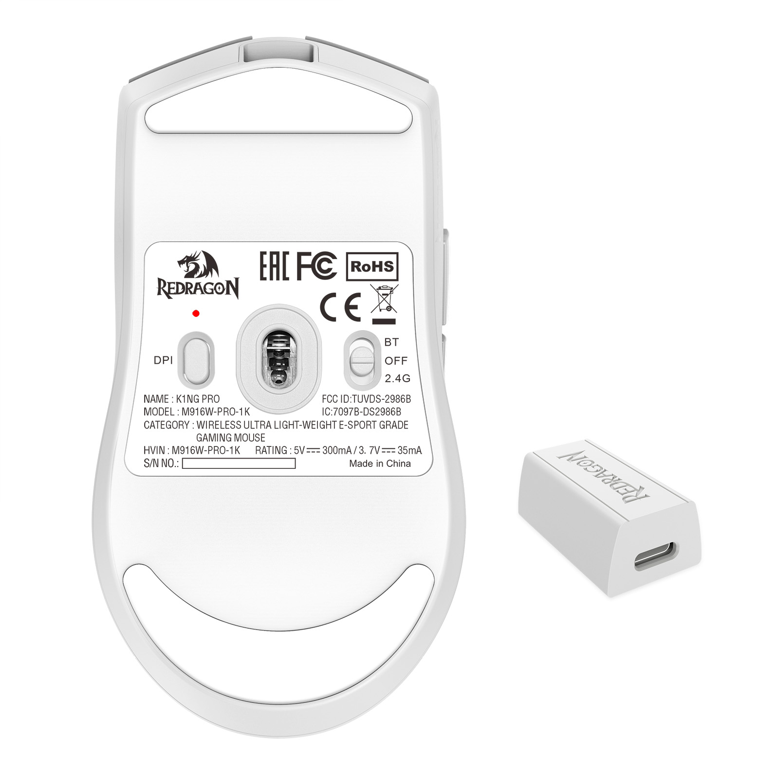 Biała mysz gamingowa Redragon K1NG PRO z odbiornikiem USB. Mysz ma różne etykiety i przycisk.