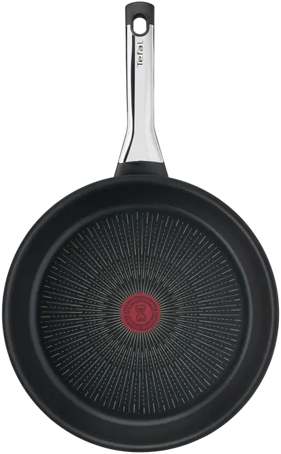 Eine schwarze Tefal-Bratpfanne mit silbernem Griff. Der Boden hat ein rotes Logo in der Mitte.