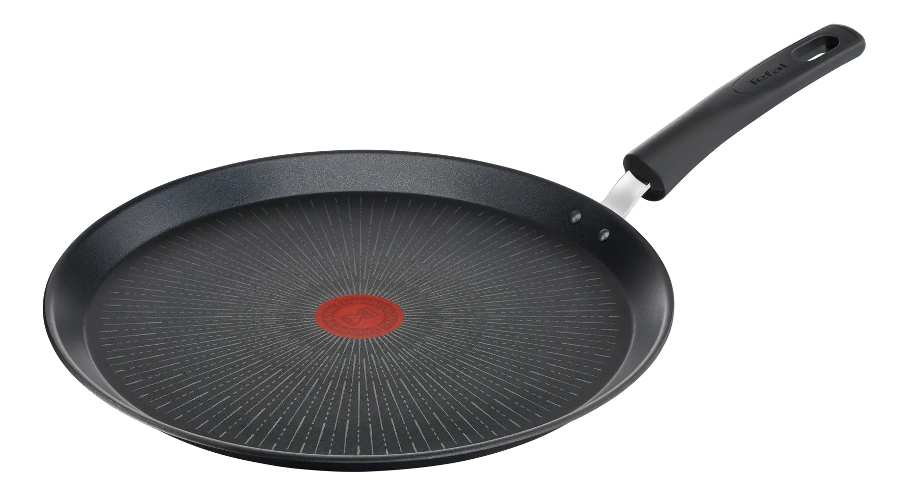 Schwarze Tefal-Bratpfanne mit langem schwarzem Griff. Die Pfanne hat ein rotes Logo in der Mitte und befindet sich auf schwarzem Hintergrund.