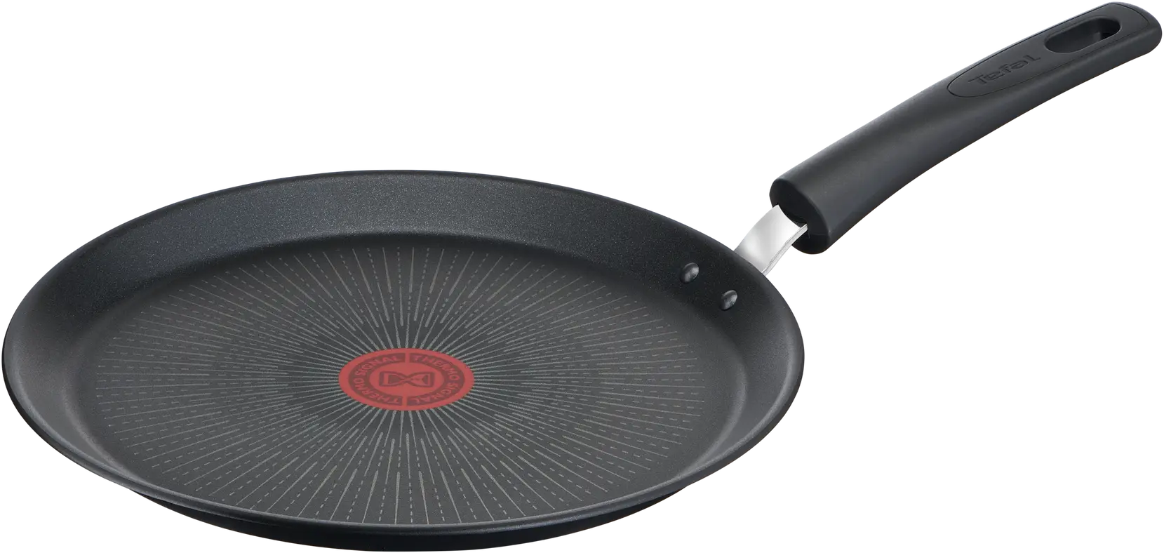 Eine schwarze Tefal-Bratpfanne mit langem Griff auf schwarzem Hintergrund. Im Inneren der Pfanne befindet sich ein roter Kreis.