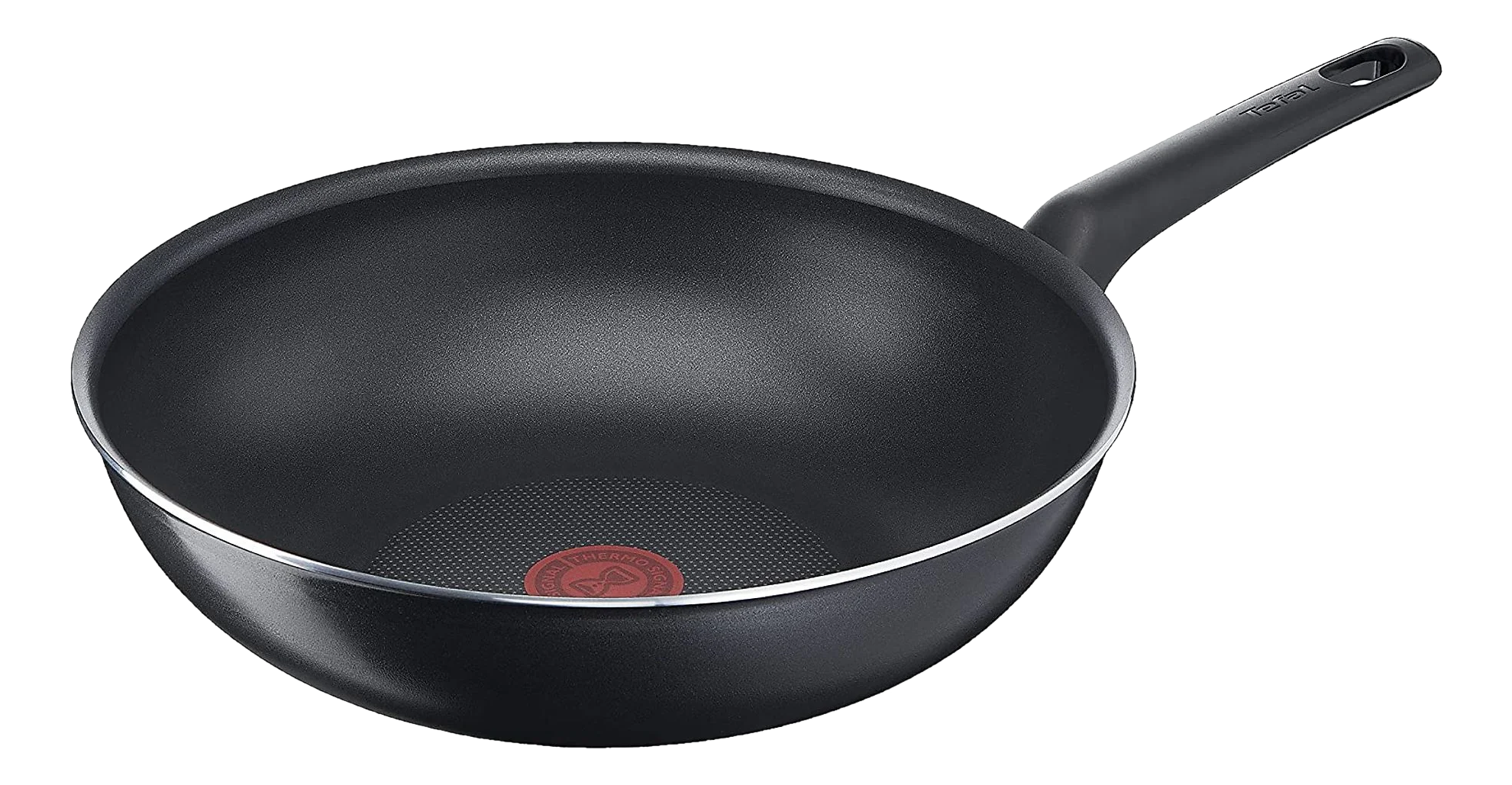Eine schwarze Tefal Wok-Pfanne. Sie hat einen langen Griff, einen silbernen Rand und einen roten Thermo-Signal-Punkt.