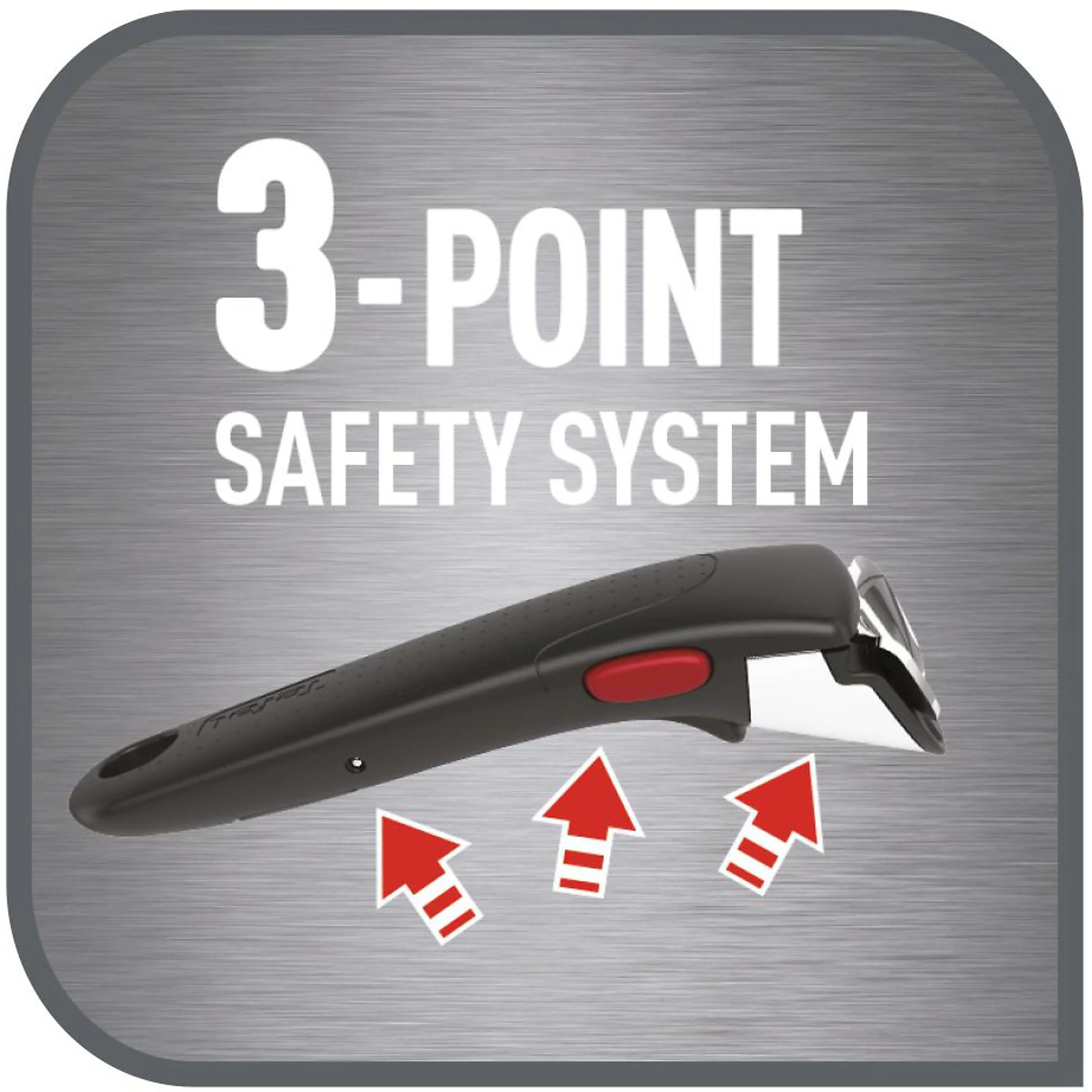 L'immagine mostra un manico di padella con la scritta '3-POINT SAFETY SYSTEM'. Le frecce puntano al manico, evidenziando le sue caratteristiche di sicurezza.