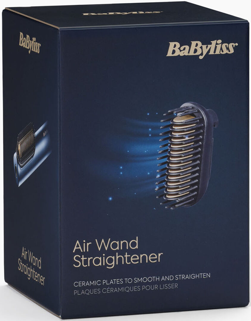 Eine BaByliss-Box zeigt einen Air Wand Straightener. Die dunkelblaue Box zeigt das Produktbild und Text, der die Keramikplatten hervorhebt.
