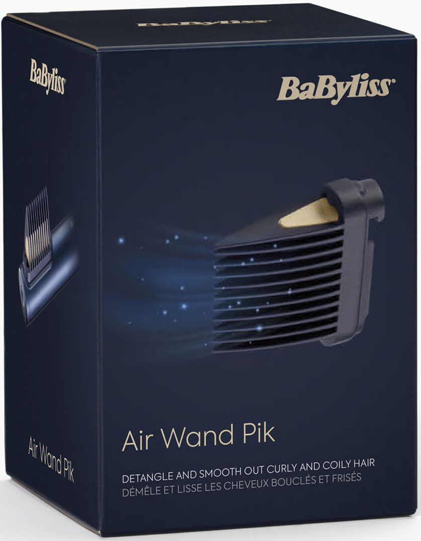 Dunkelblaue Babyliss-Box. Enthält einen Air Wand Pik, der lockiges Haar entwirrt und glättet.