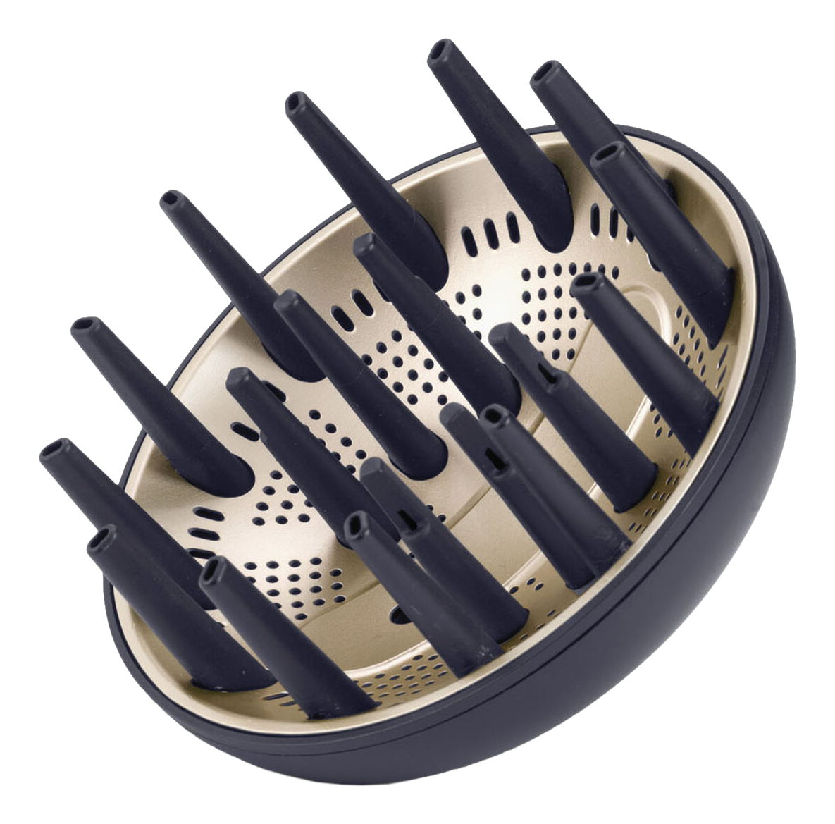 Ein schwarzer und goldener Haartrocknerdiffusor. Er hat mehrere schwarze Düsen und einen goldenen Innenraum mit kleinen Löchern auf schwarzem Hintergrund.