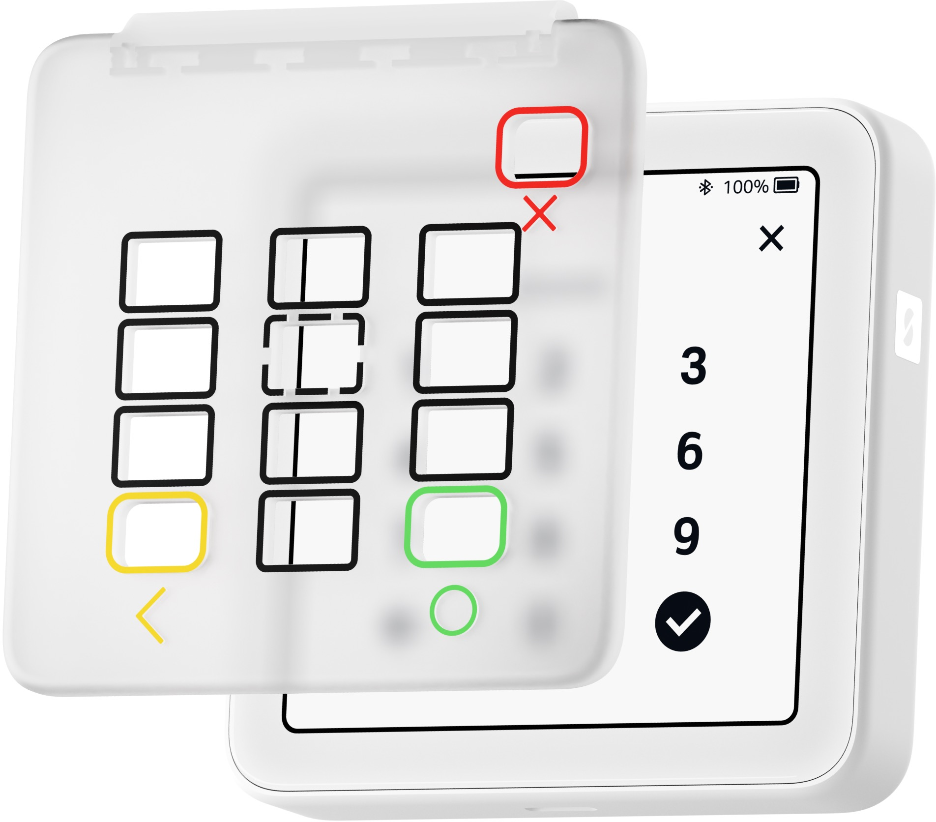 Terminal de paiement blanc avec superposition de clavier. L'écran affiche les chiffres 3, 6, 9 et une coche.