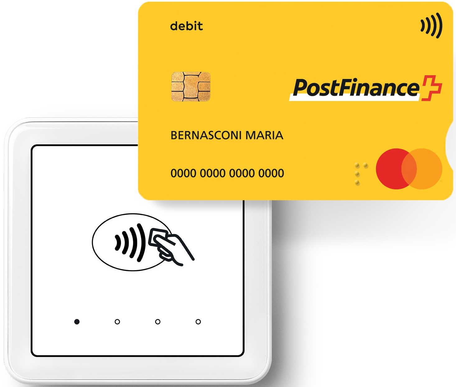 Une carte de débit jaune PostFinance est près d'un terminal de paiement. La carte affiche le nom BERNASCONI MARIA et un numéro de carte.