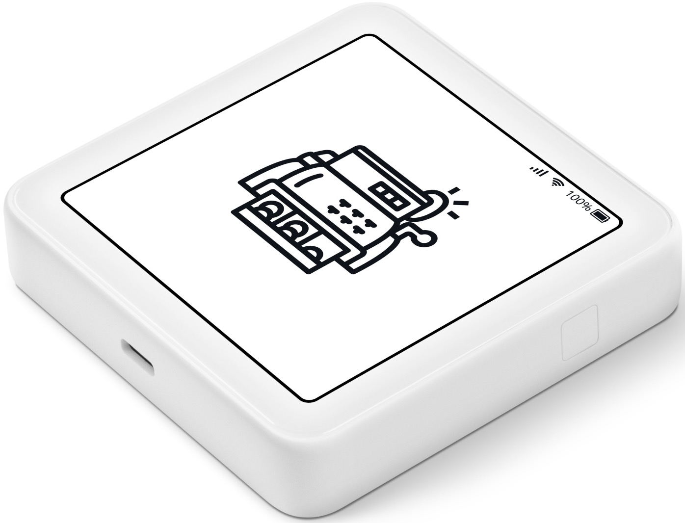 Appareil blanc avec écran affichant une icône de caisse enregistreuse. Batterie pleine. Port USB-C sur le côté.