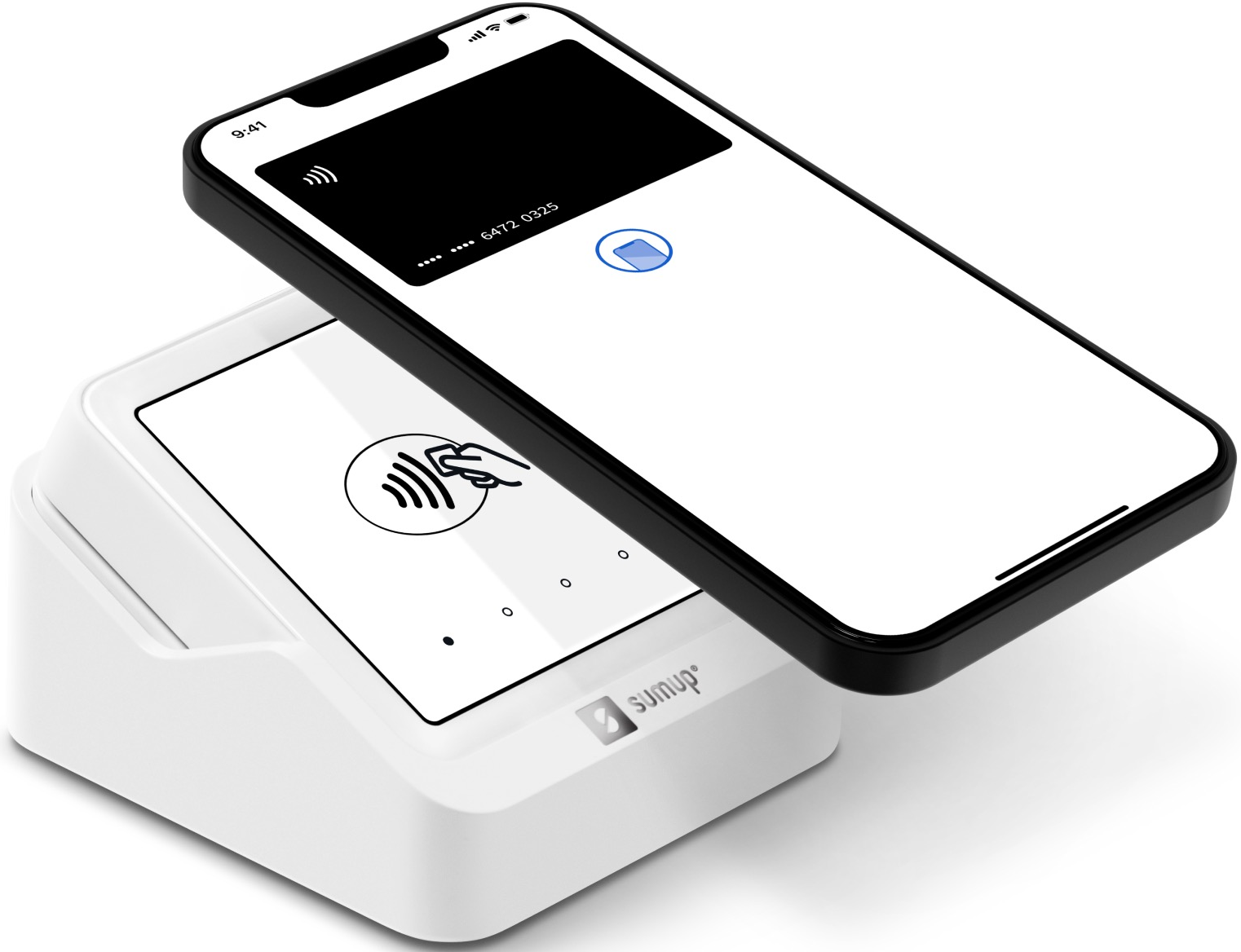 Un smartphone affichant une carte de crédit est au-dessus d'un lecteur de carte SumUp blanc. Le téléphone est noir, le lecteur est blanc et le fond est blanc.