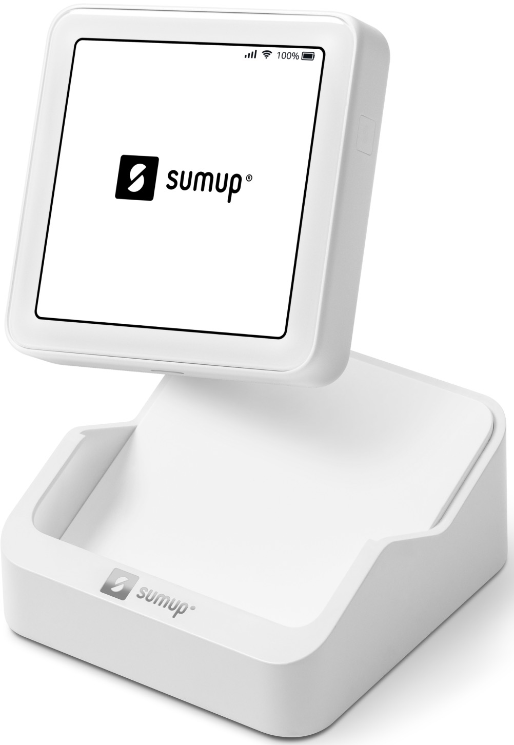 Lecteur de carte SumUp blanc avec un écran affichant le logo SumUp et une station de charge. L'écran affiche l'état de la batterie.
