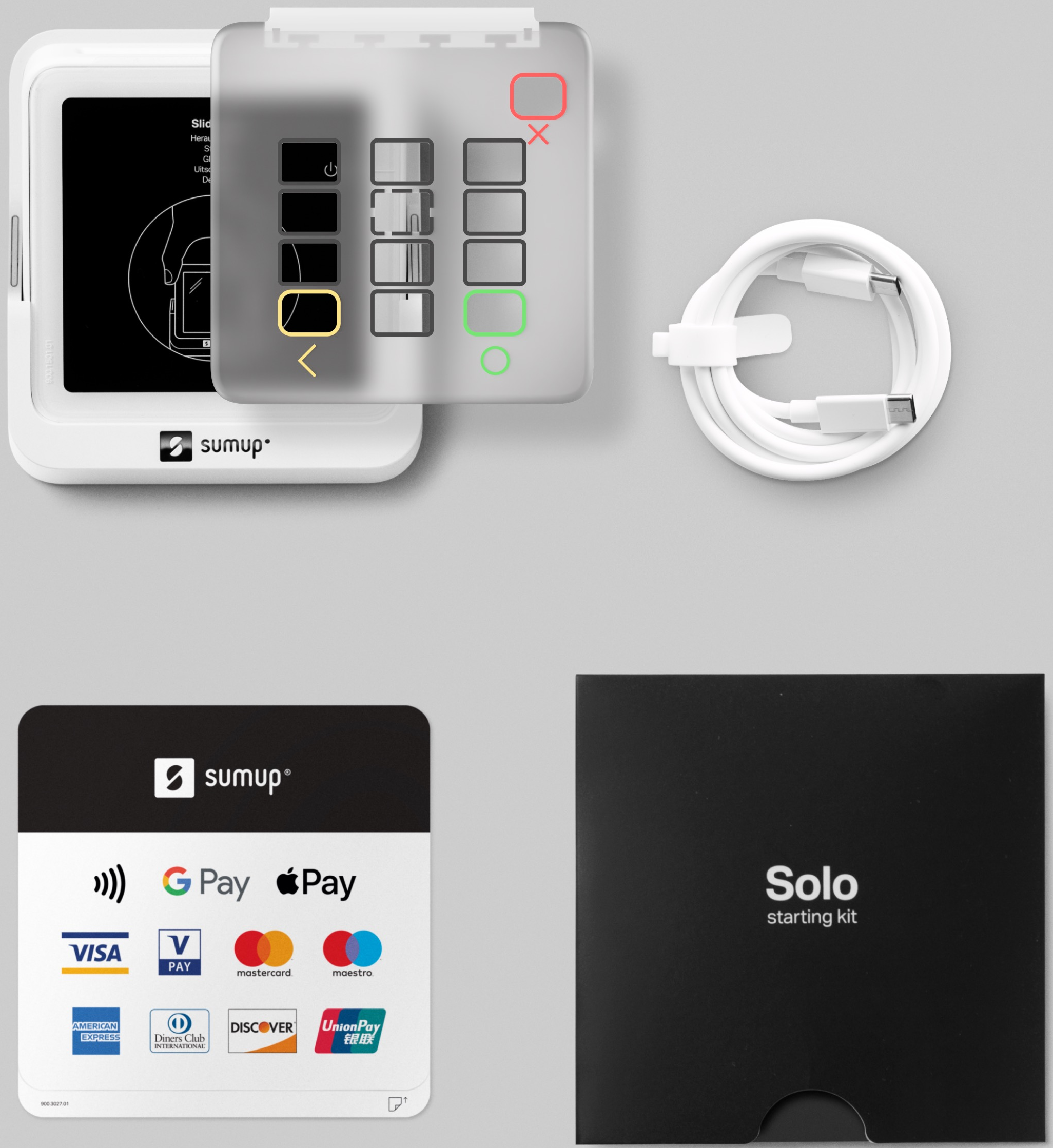 Terminal de paiement SumUp blanc avec écran, couvercle transparent avec boutons, câble blanc et boîte noire.