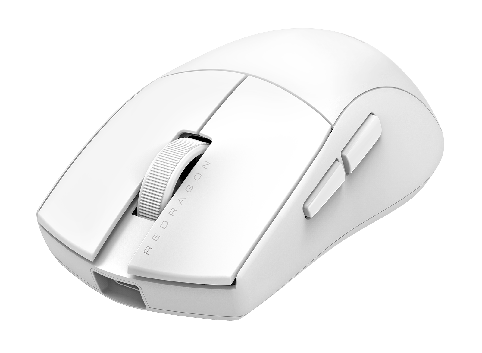 Biała bezprzewodowa mysz Redragon. Posiada kółko przewijania, przyciski boczne i nazwę marki na obudowie.