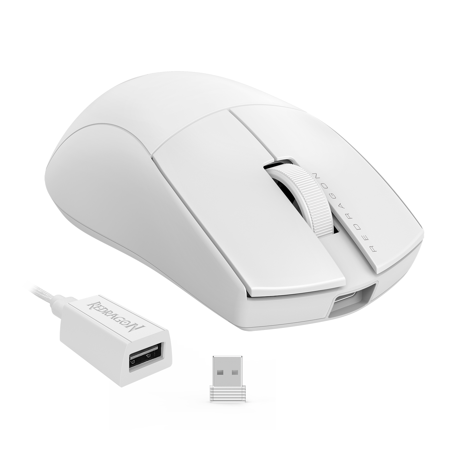 Biała mysz gamingowa Redragon z odbiornikiem USB i kablem. Mysz ma kółko przewijania i nazwę marki.
