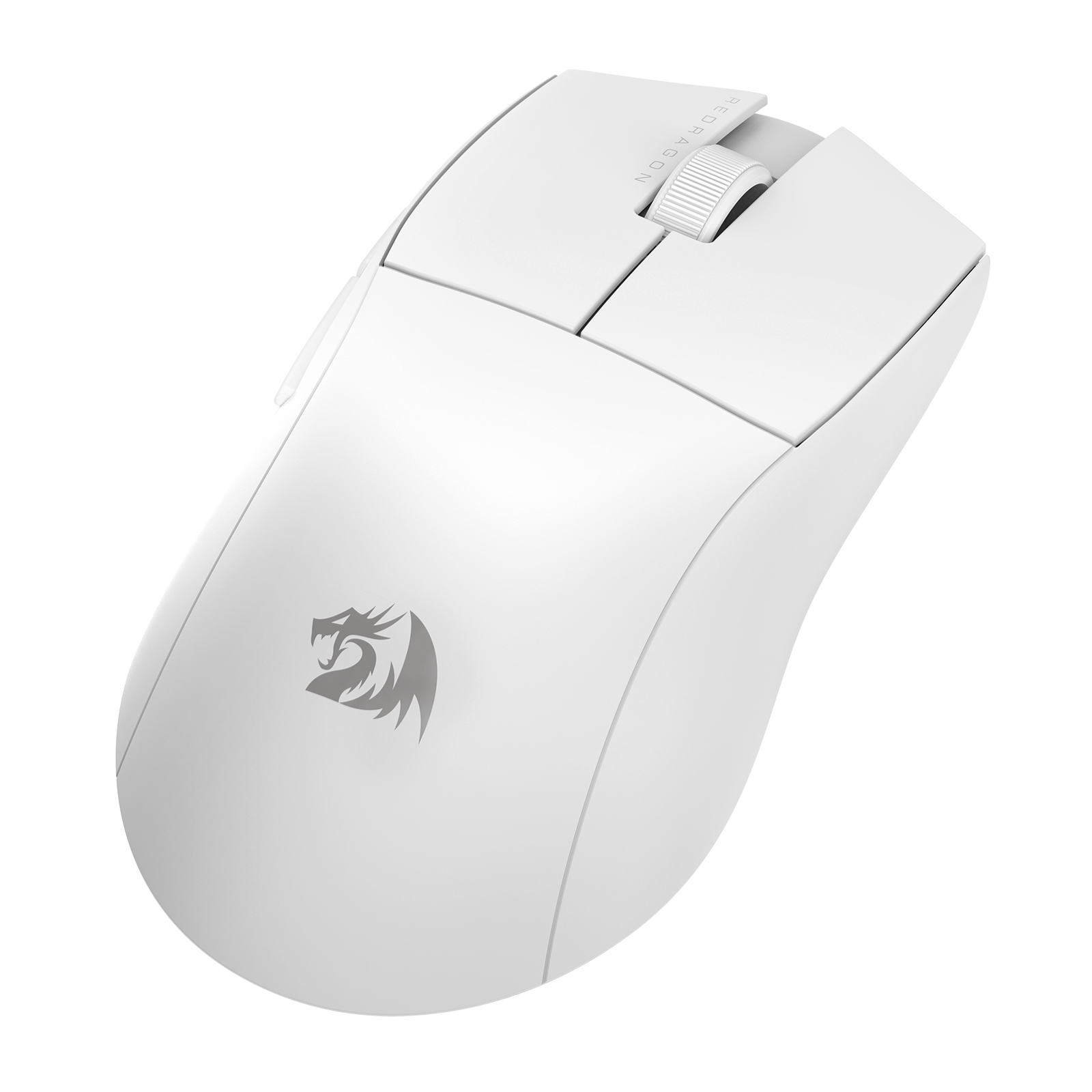 Biała bezprzewodowa mysz Redragon. Ma kółko przewijania i logo smoka. Tło to gradient.