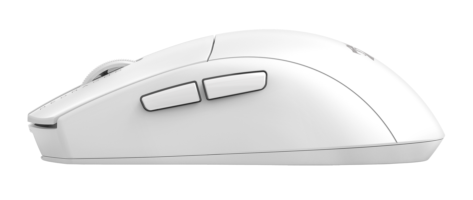 Biała bezprzewodowa mysz komputerowa z dwoma bocznymi przyciskami i kółkiem przewijania. Mysz ma elegancki design i jest na czarnym tle.
