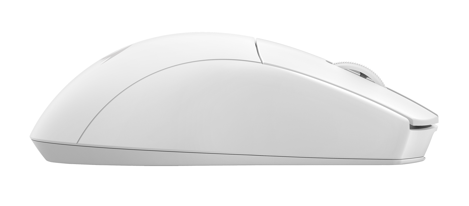 Biała mysz komputerowa na czarnym tle. Mysz ma kółko przewijania i przyciski. Ogólny design jest elegancki i nowoczesny.