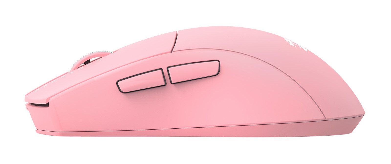 Różowa mysz komputerowa z czarnymi akcentami. Posiada boczne przyciski i kółko przewijania, wszystko na białym tle.