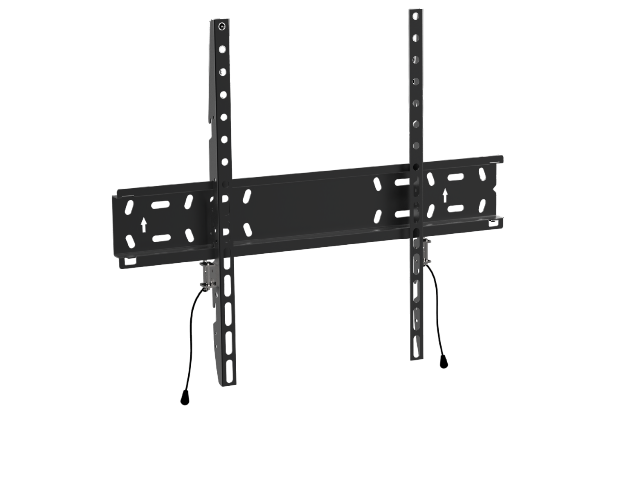 Siyah bir arka plan üzerinde siyah metal bir TV duvar askısı. Montaj delikleri ve telleri olan dikey ve yatay çubuklara sahip.