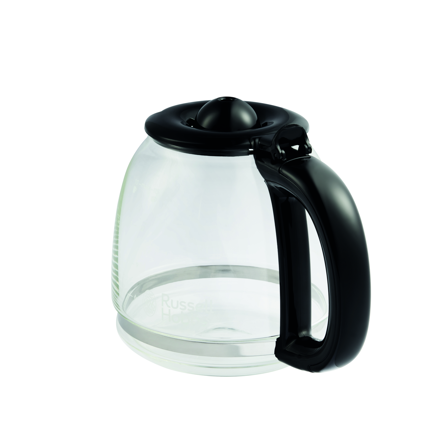 A glass coffee pot with a black lid and handle. The pot has a silver band at the base and a clear body. Isolated on white.