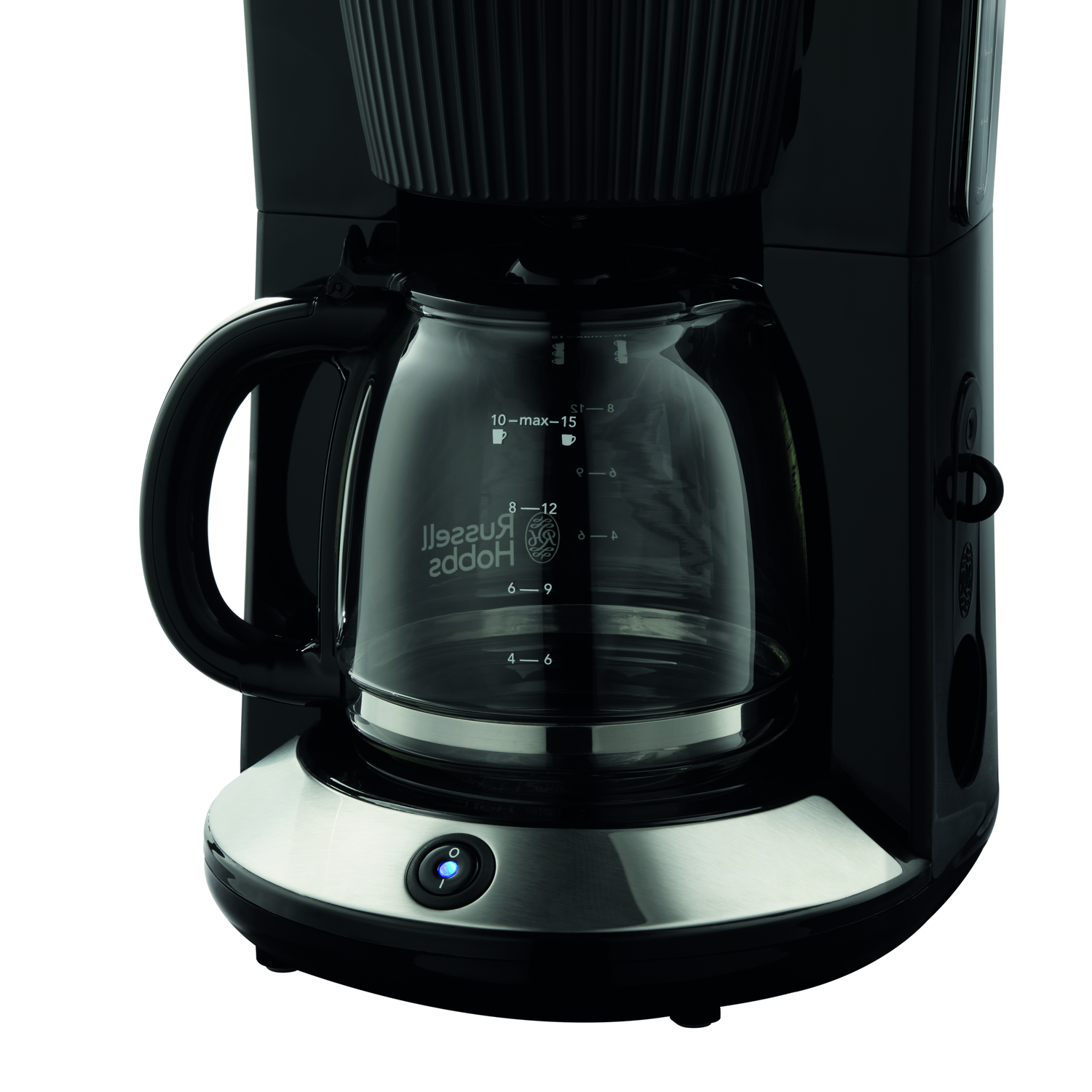 Black coffee maker with a glass carafe. Features a power button and a water level indicator. The brand name is visible.