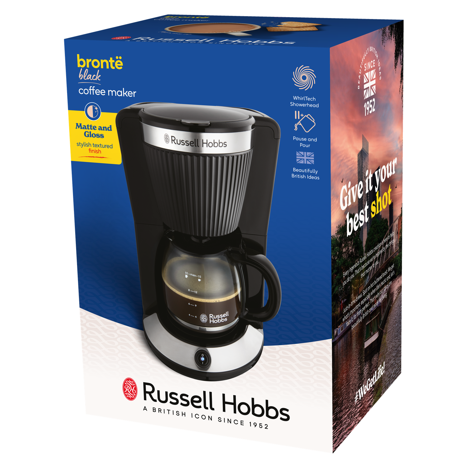 Boxed black Russell Hobbs coffee maker. Features WhirlTech showerhead, pause and pour. Matte and gloss finish.