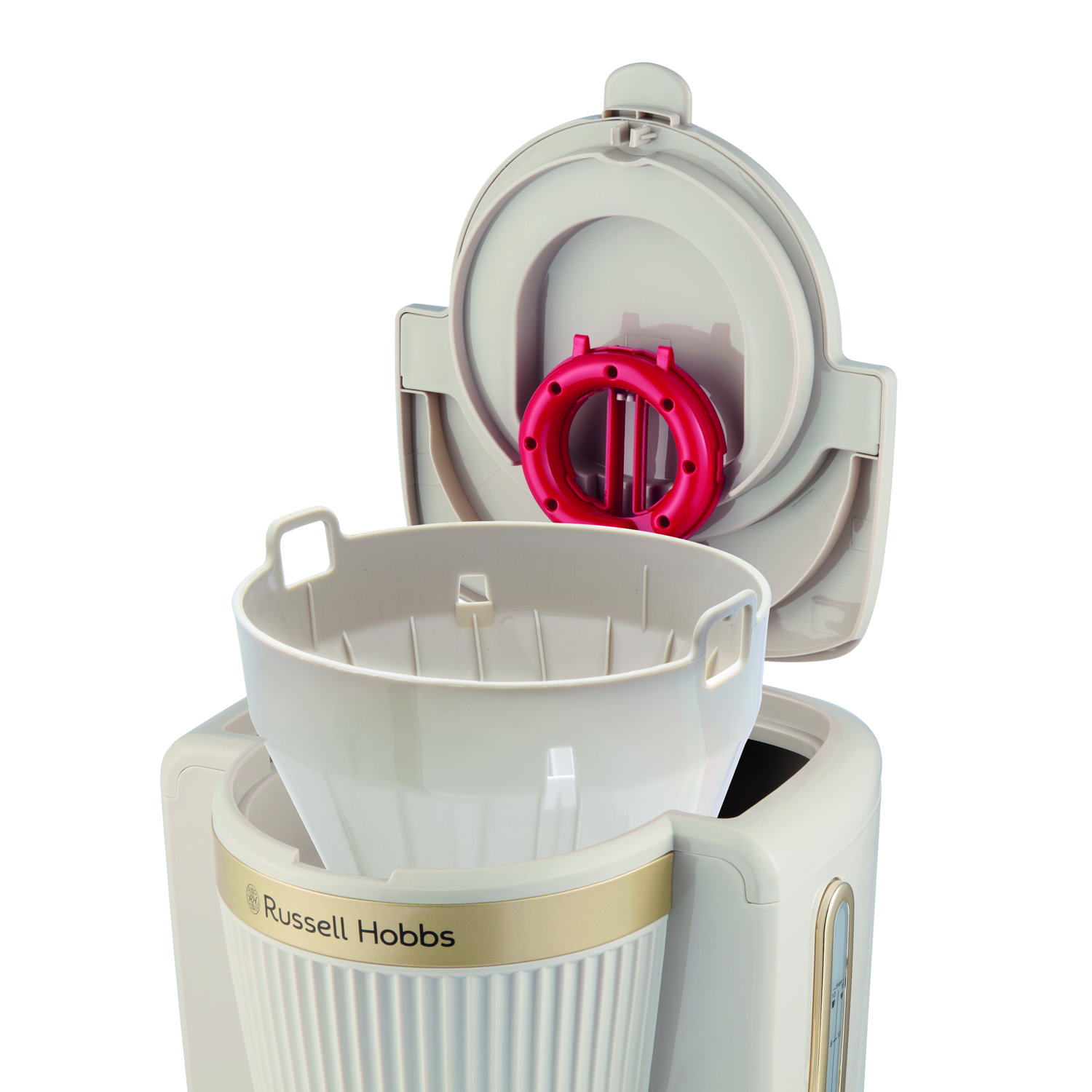 A Russell Hobbs coffee maker with open lid. A red ring sits inside the lid, and a white filter is placed inside the coffee maker.