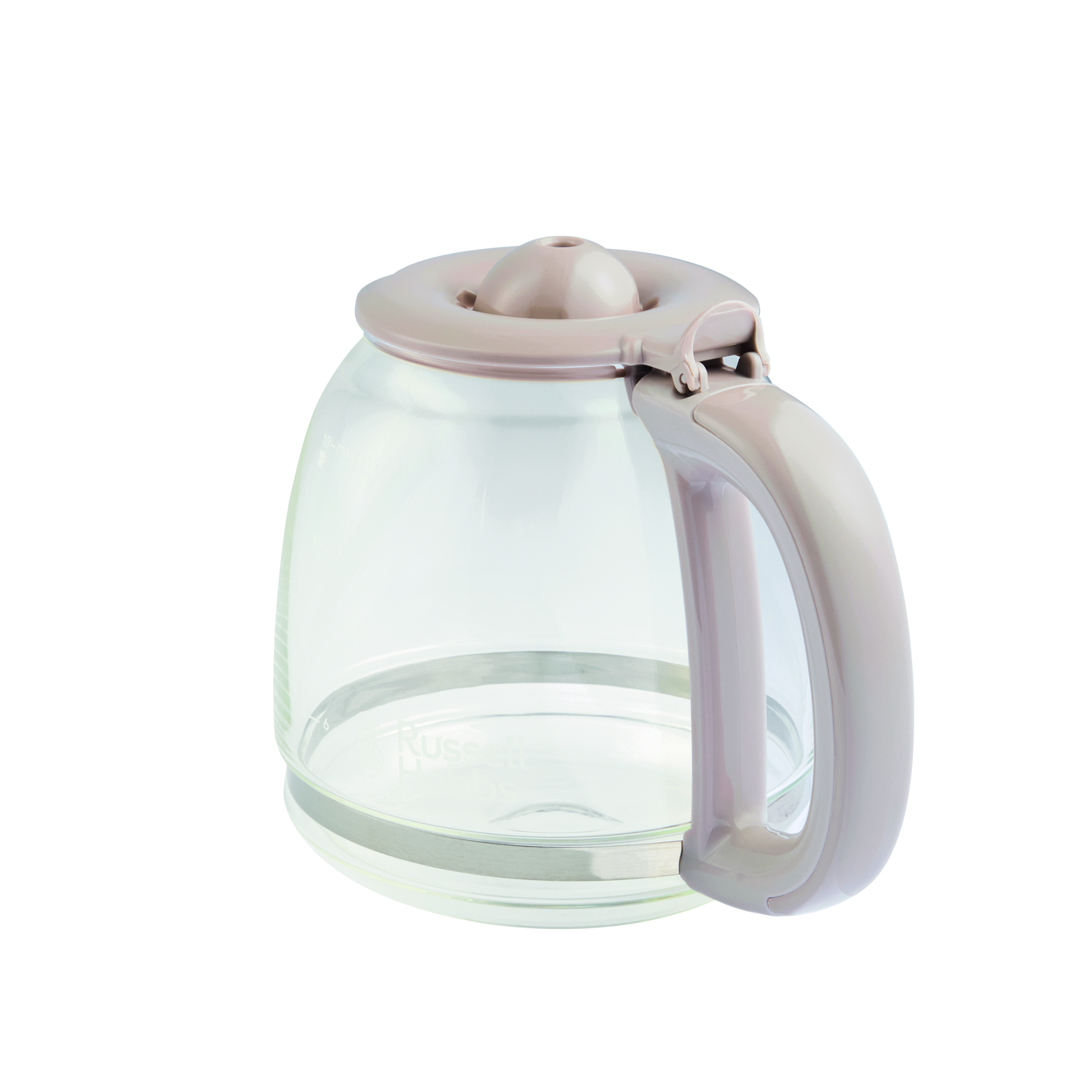 A clear glass coffee pot with a light brown lid and handle. It is on a white background.