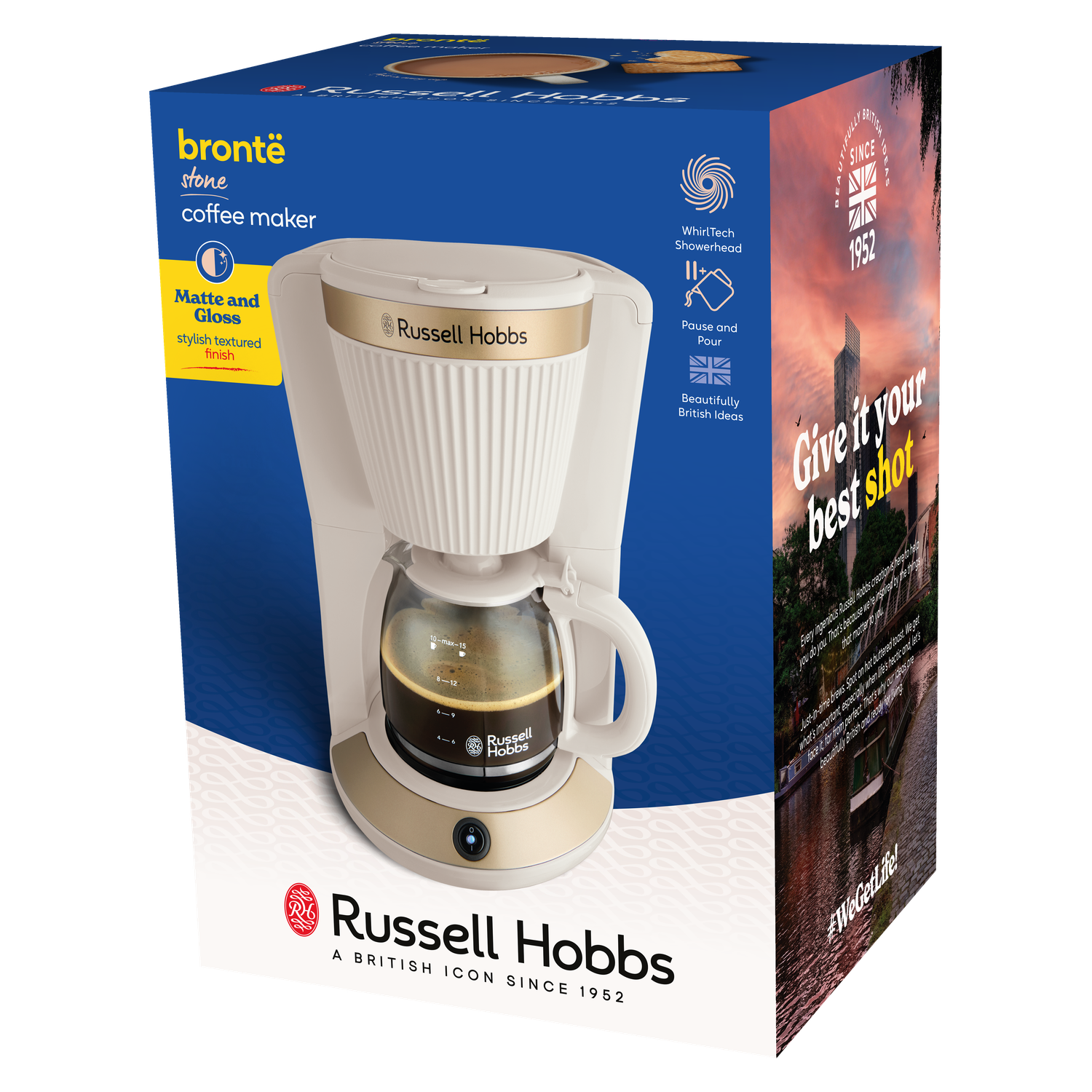 A coffee maker box. It's white and gold. Has the Russell Hobbs brand. Text says 'Give it your best shot' and 'British icon'.