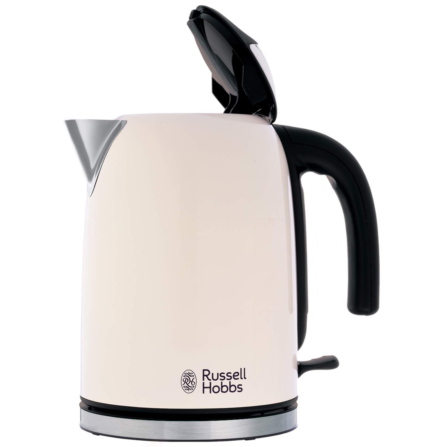 A cream-colored Russell Hobbs electric kettle with a black handle and lid. The lid is open, revealing the inside. Silver accents are present.