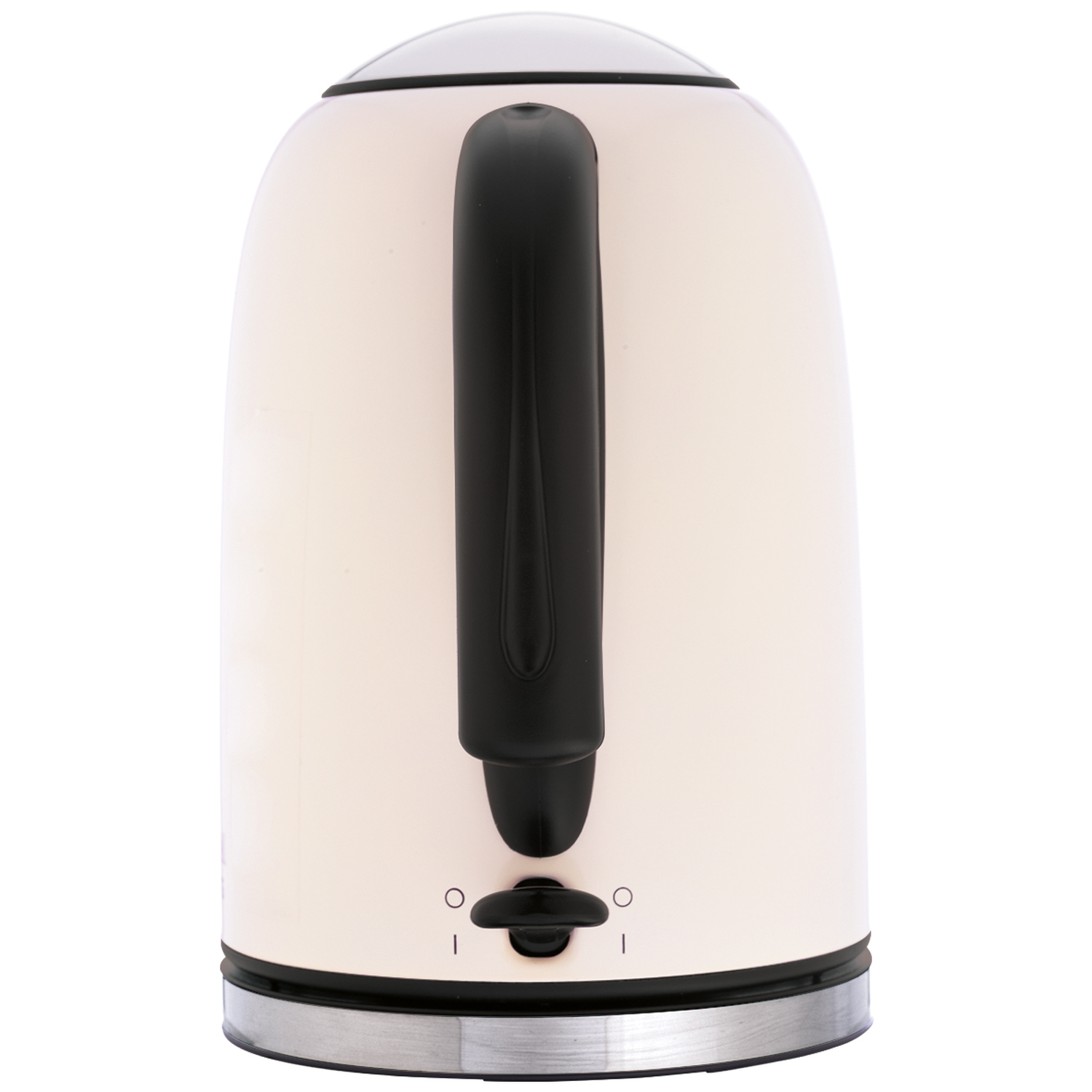 A cream-colored electric kettle with a black handle and switch. The base is silver, and the top is steel.