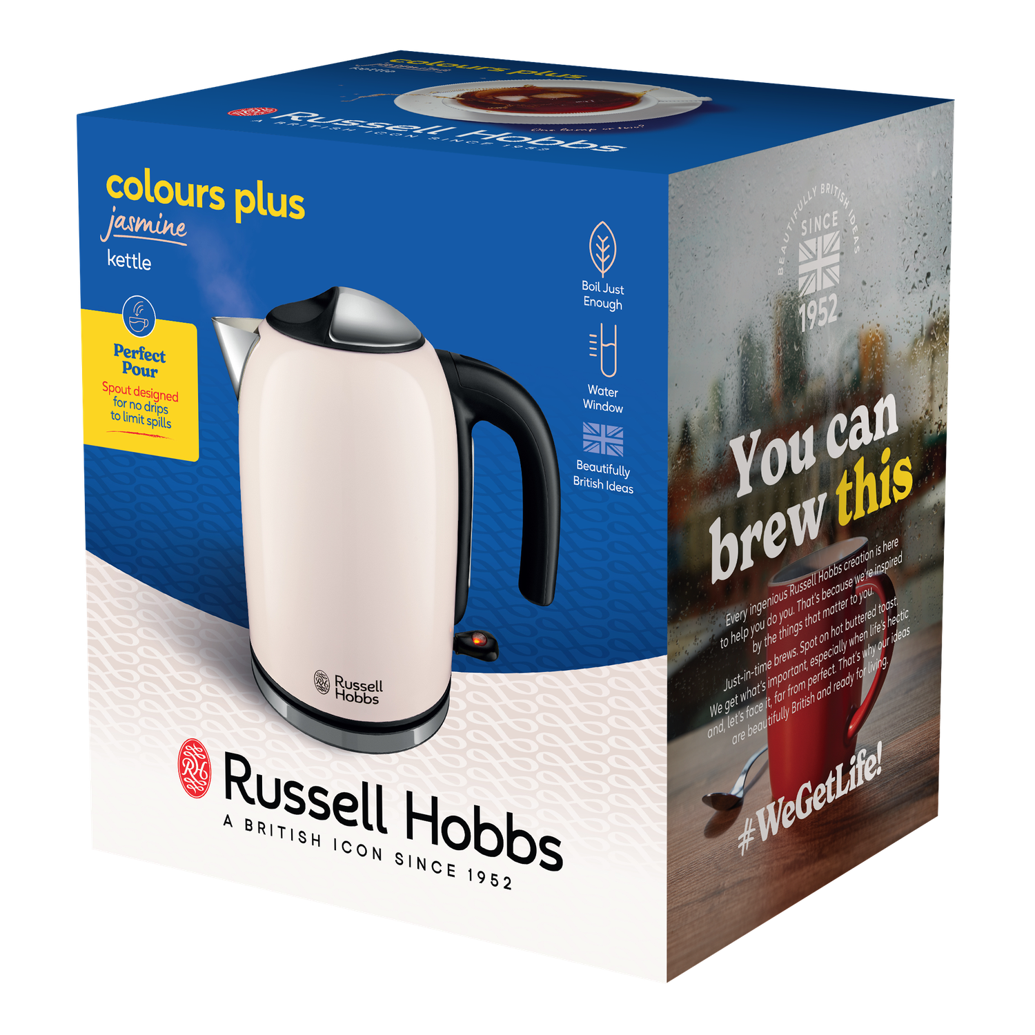 A Russell Hobbs jasmine kettle is in a box. The box says 'colours plus' and 'You can brew this'. There is a red cup.