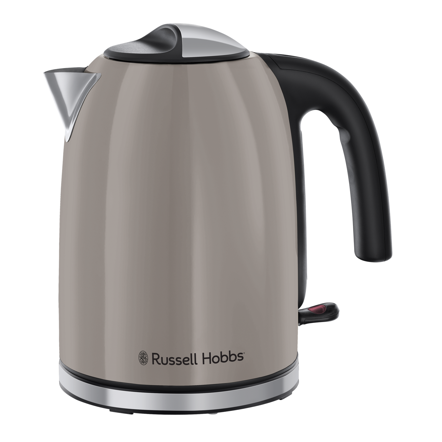 Une bouilloire électrique beige Russell Hobbs avec une poignée noire, des accents argentés et un bouton rouge sur fond noir.