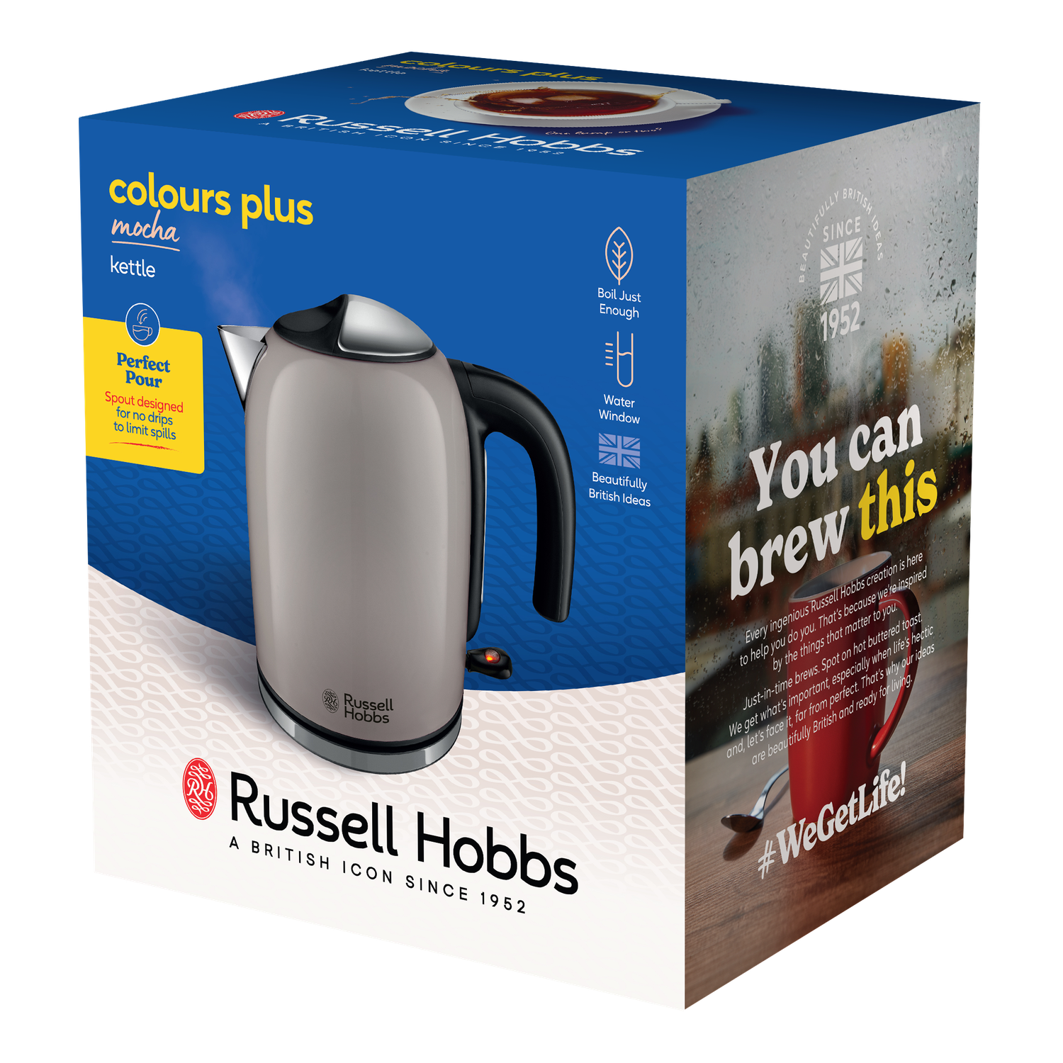 Une bouilloire Russell Hobbs couleur moka sur une boîte. La boîte contient du texte comme 'Perfect Pour' et 'You can brew this'.