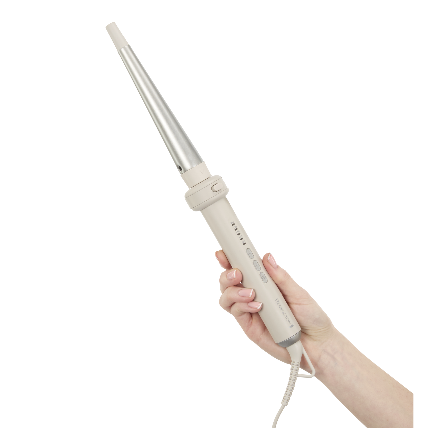 A woman's hand holds a curling wand. The wand is silver and off-white with a cord. The background is white.