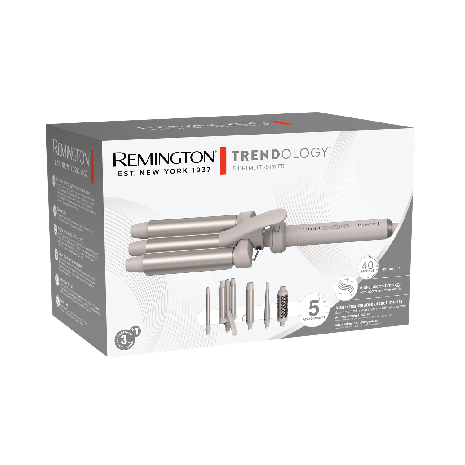 Remington Trendology 5-in-1 styler box. It has a styler, attachments, and features like anti-static tech and fast heat up.
