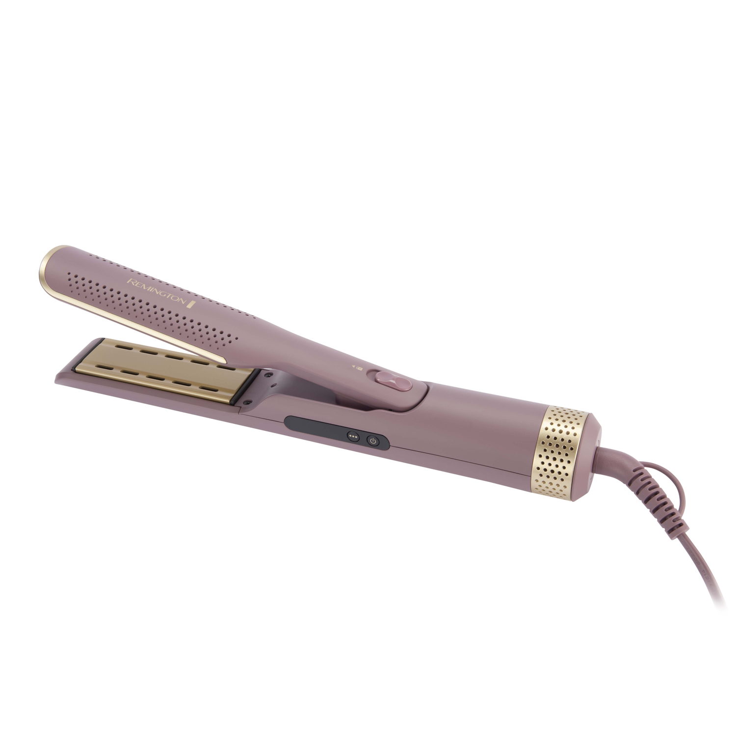 Een mauve Remington stijltang. Gouden platen, een aan/uit-knop en een goudkleurig gaasontwerp zijn zichtbaar. Het snoer is bevestigd.