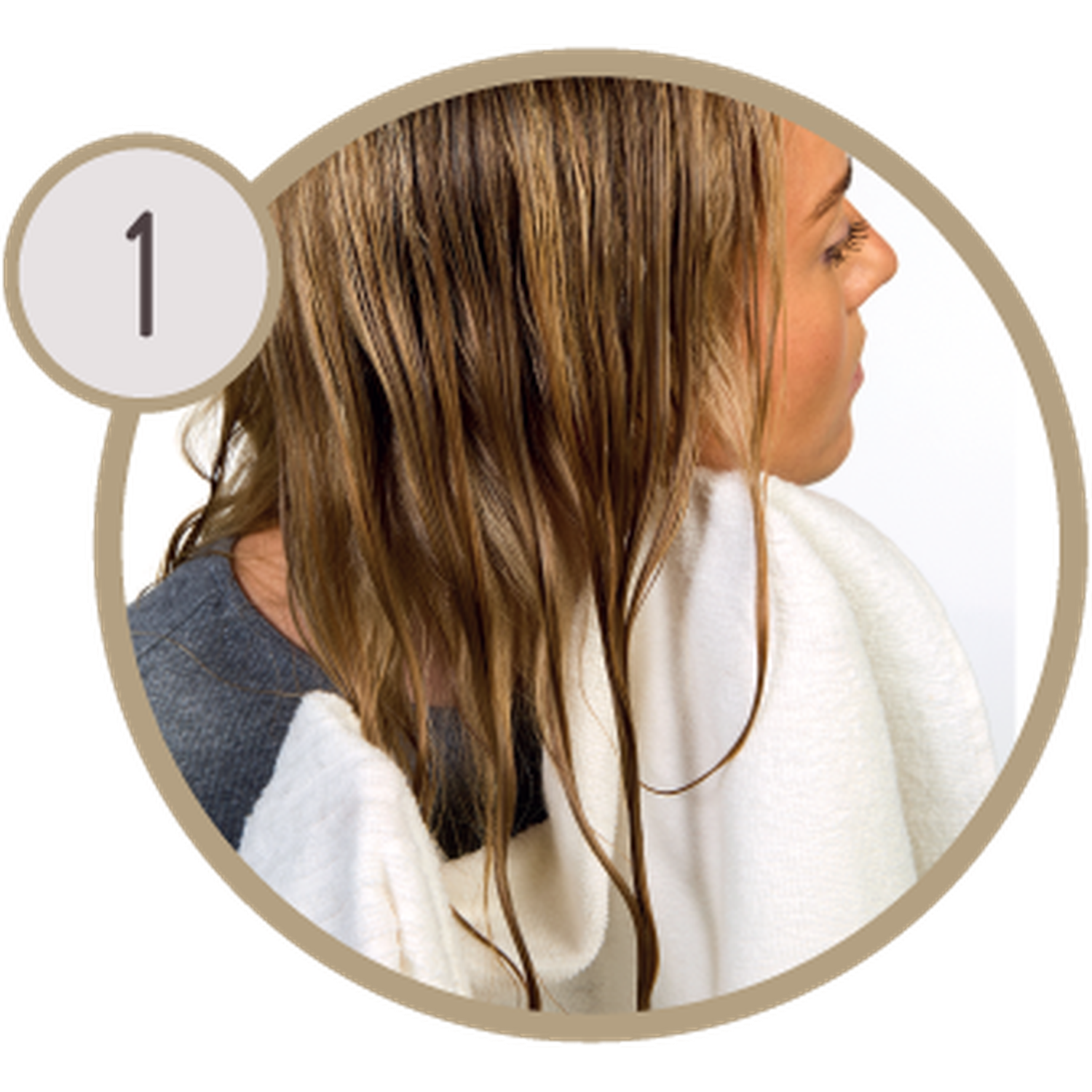 Een vrouw met nat haar is in profiel te zien, met een witte handdoek. Een genummerde cirkel '1' staat linksboven.