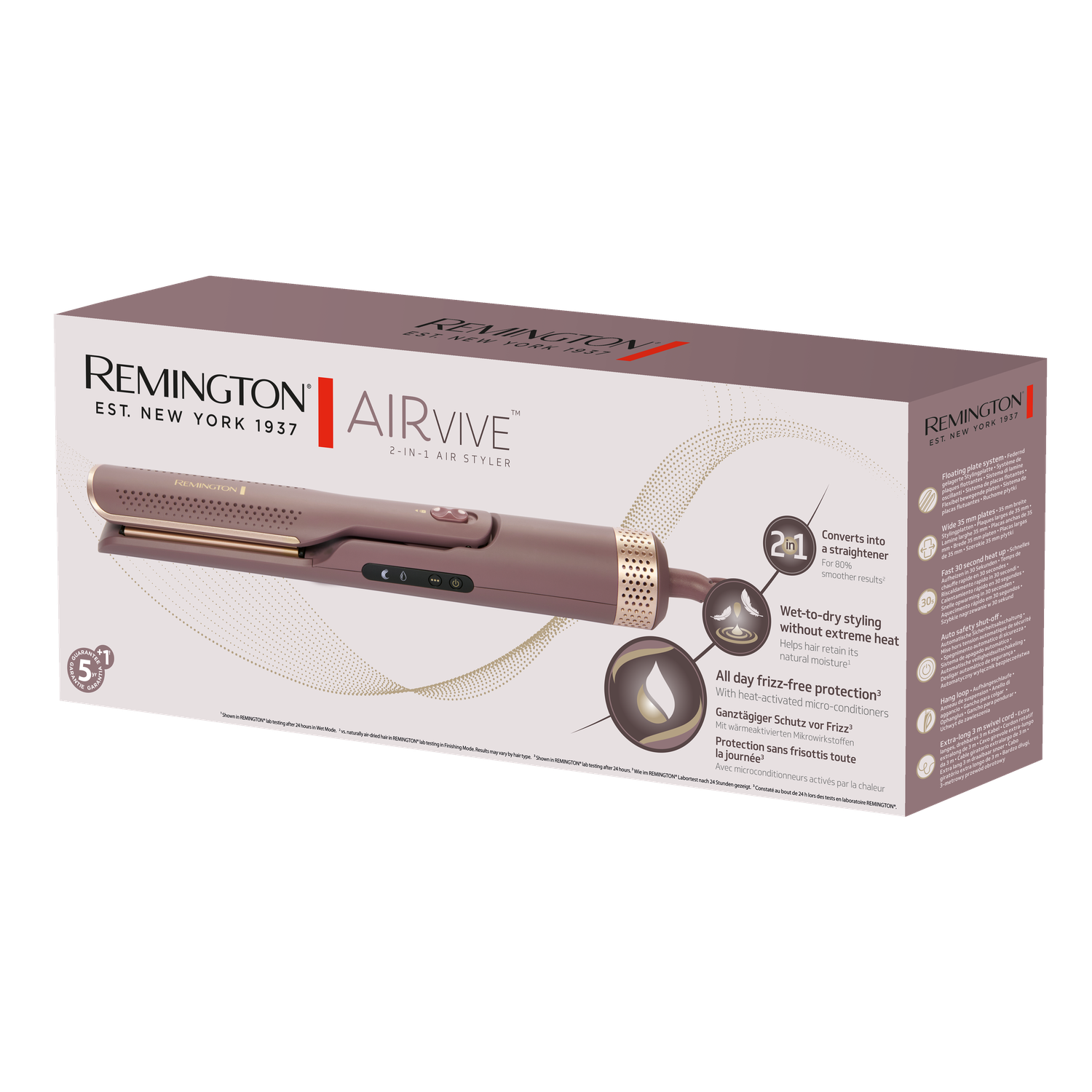 Een Remington AirVIVE stijltang doos. Het is bruin en wit, met de stijltang zichtbaar. Tekst omvat '2-in-1' en productkenmerken.