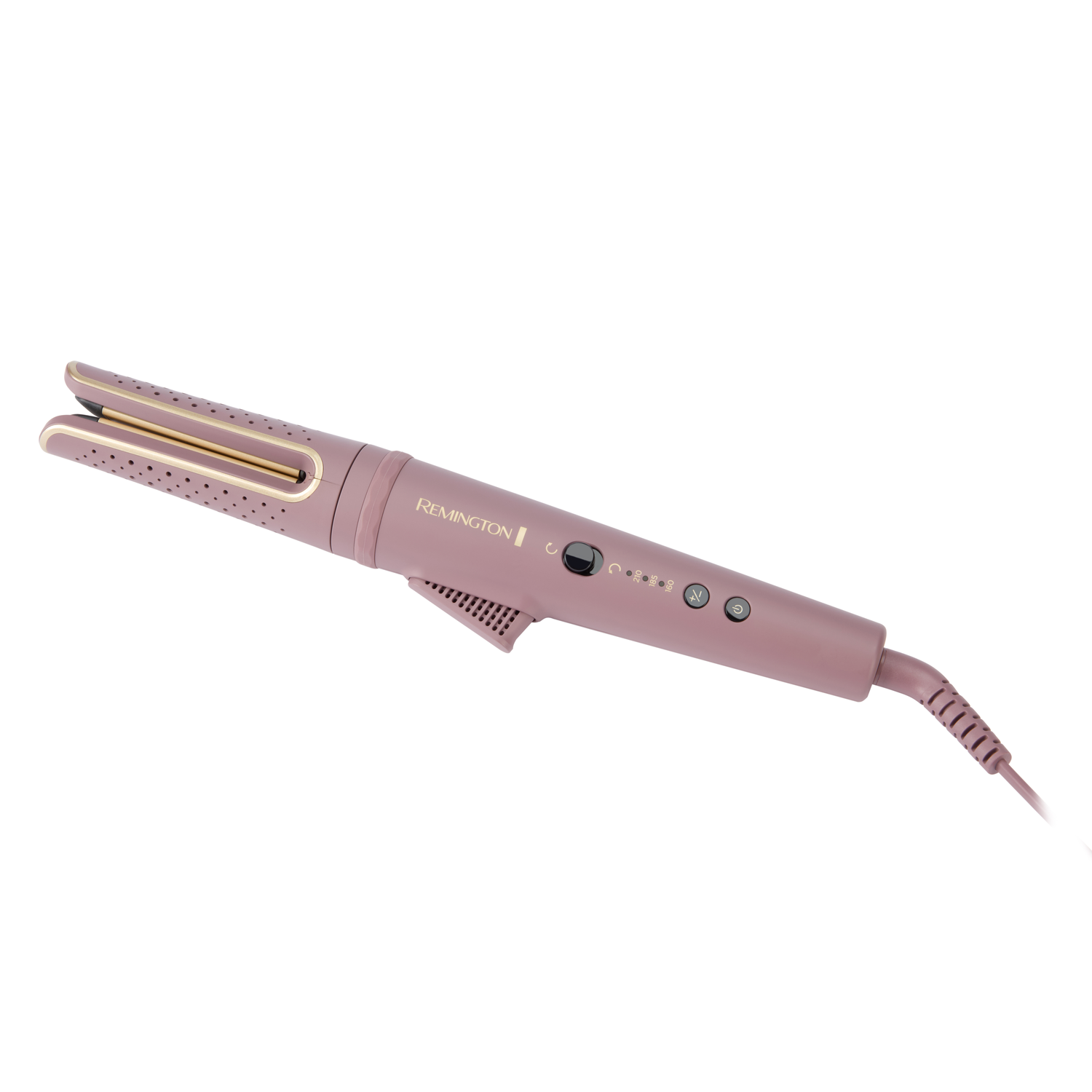 A pink Remington curling iron, angled, on a white background. Gold accents and controls visible. Cord extends from handle.