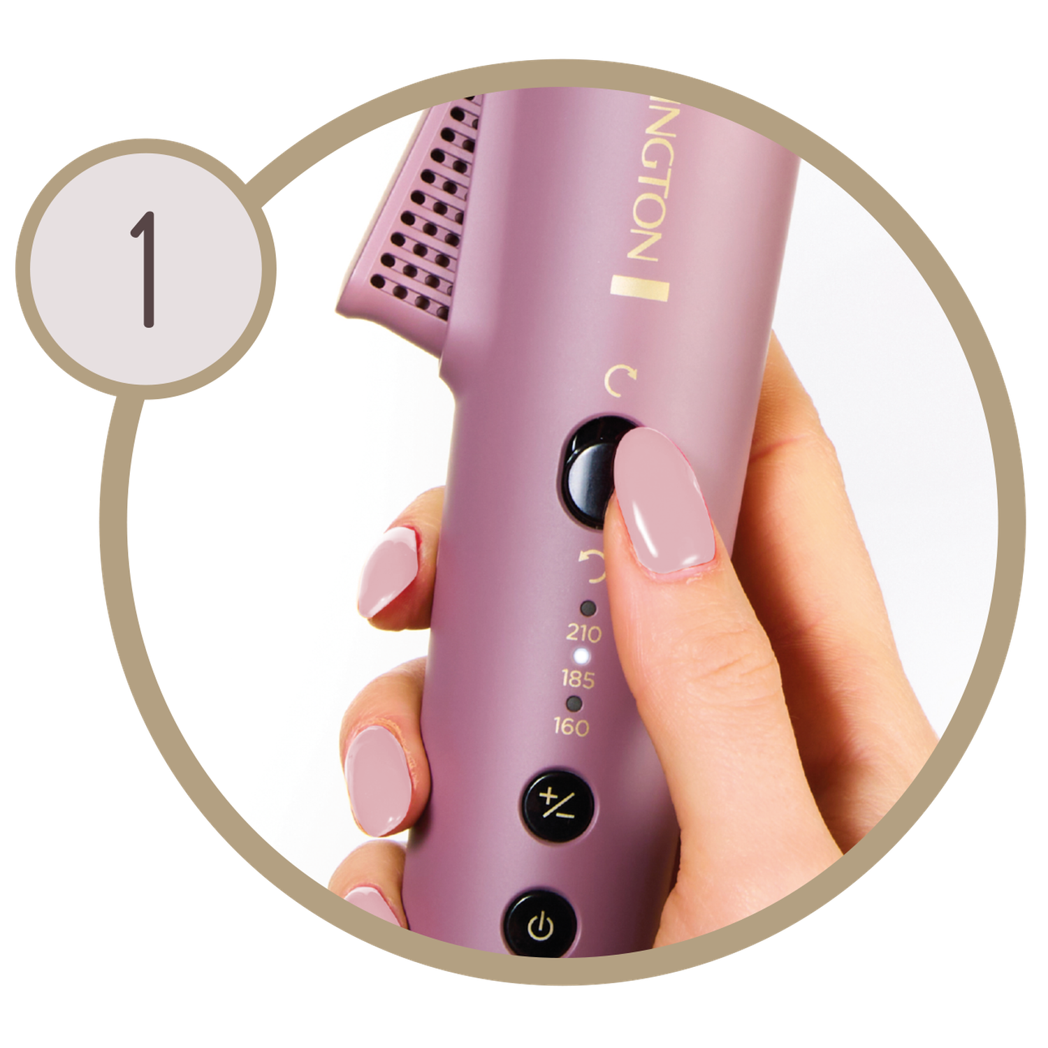 A hand holding a purple hair styling tool, pressing a button. Nail polish matches the device. Temperature settings visible.