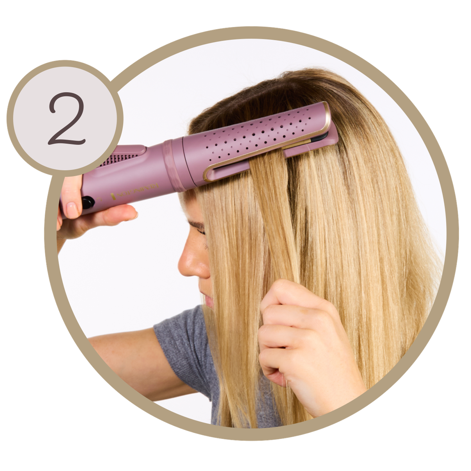 A woman uses a purple hair straightener on blonde hair. The number 2 is in a circle in the upper left corner.
