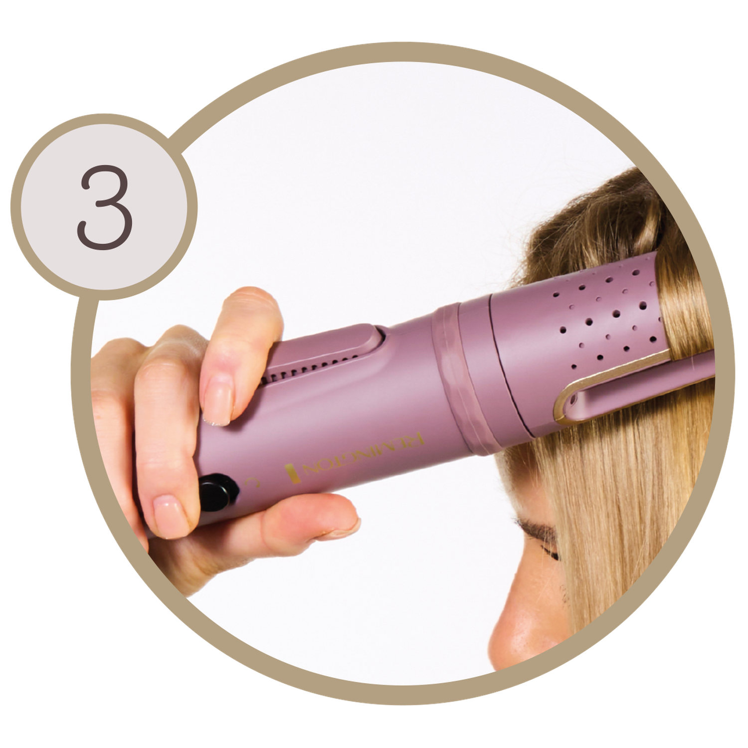 A person using a purple Remington curling iron on blonde hair. The iron is held in the right hand. A number '3' is in a circle.