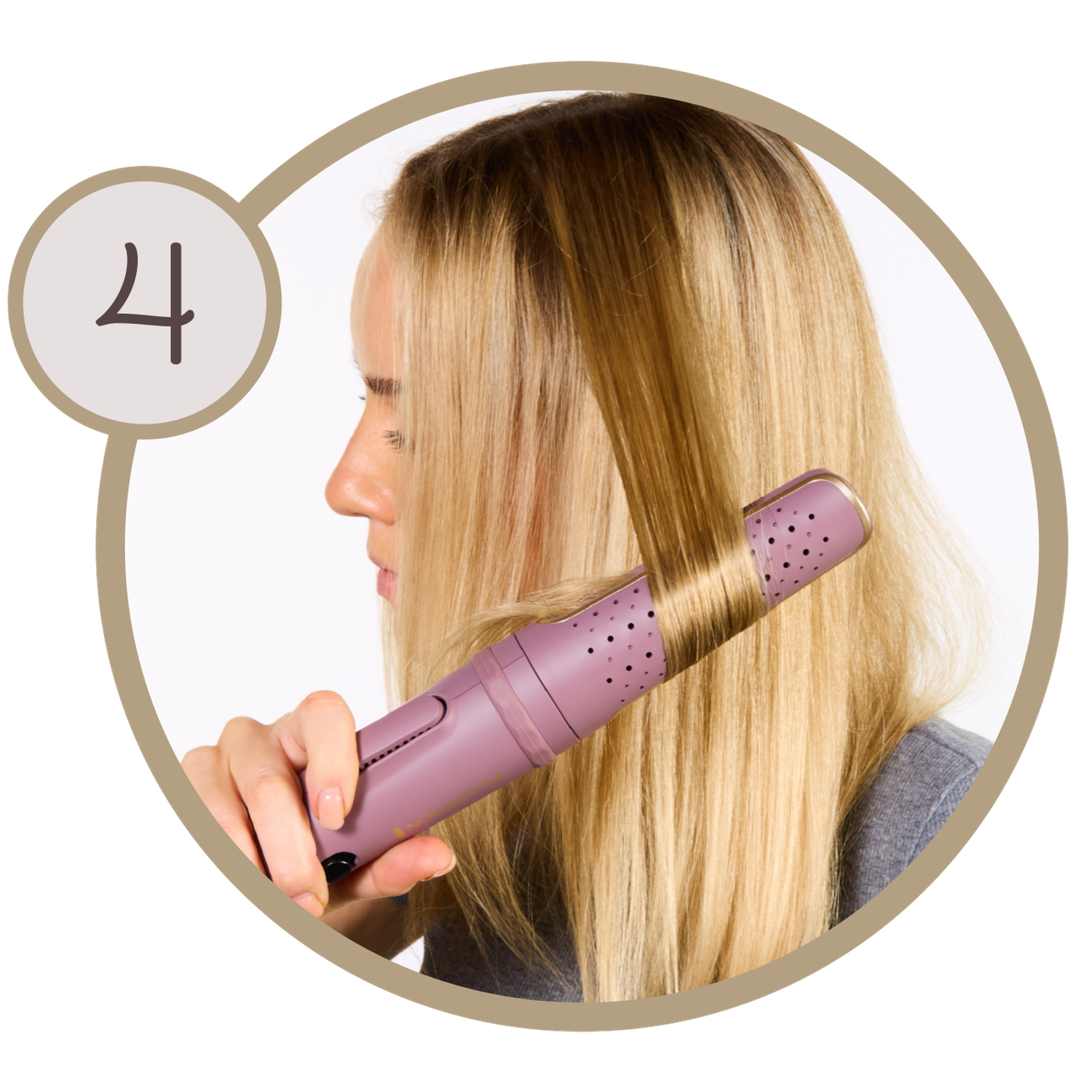 A woman styles her blonde hair with a pink hair styling tool. The image is in a circle with the number 4 on the top.